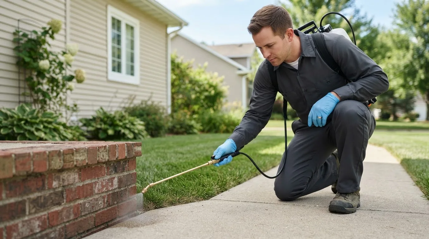 Pest control technician treating a home near Purlear, NC