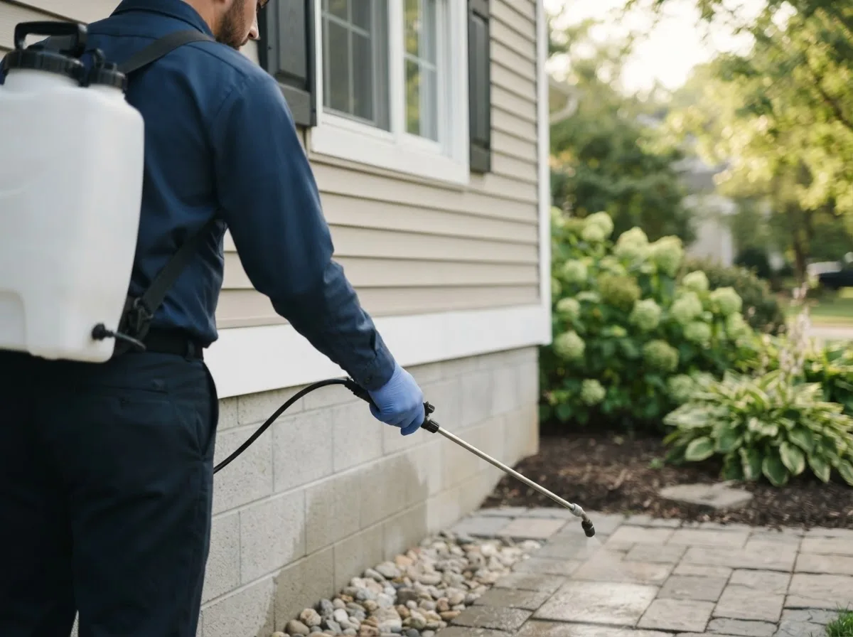 Pest control technician inspecting a home in Purlear, NC